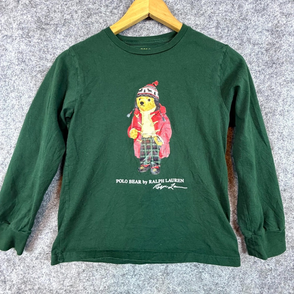 Polo Ralph Lauren Shirt Boys Medium Green Cotton Bear Graphic‎ Print Winter